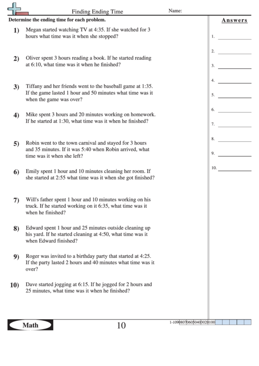 Finding Ending Time - Math Worksheet With Answers Printable pdf