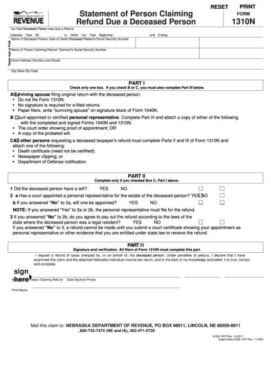 Fillable Form 1310n - Statement Of Person Claiming Refund Due A Deceased Person Printable pdf