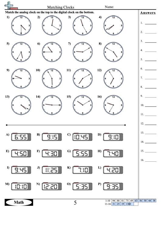 Matching Clocks - Math Worksheet With Answers Printable pdf