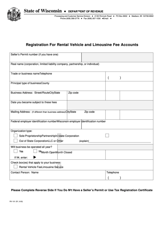 Form Rv-101 - Registration For Rental Vehicle And Limousine Fee Accounts - Wisconsin Department Of Revenue Printable pdf