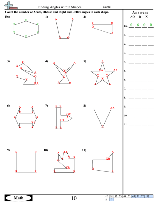 Finding Angles Withing Shapes - Geometry Worksheet With Answers Printable pdf