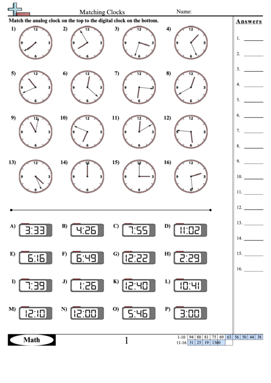 Matching Clocks - Math Worksheet With Answers Printable pdf