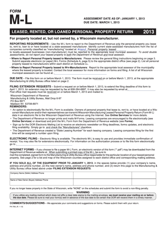 Form M-L - Wisconsin Leased, Rented, Or Loaned Personal Property Return - 2013 Printable pdf