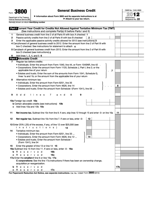 Fillable Form 3800 - General Business Credit - 2012 printable pdf download