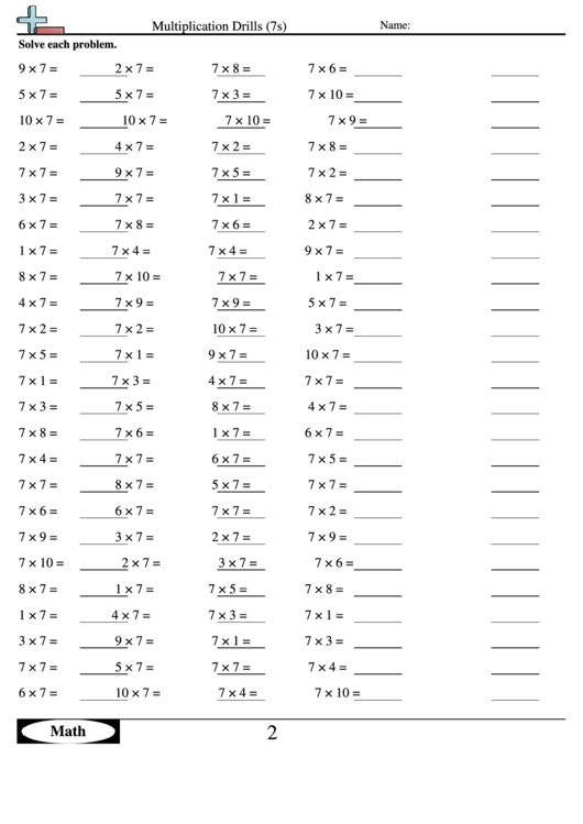 Mathmultiplication Drills (7s) - Multiplication Worksheet With Answers Printable pdf