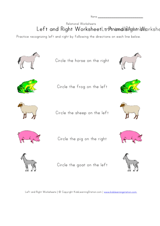Left And Right Worksheet - Animals Printable pdf