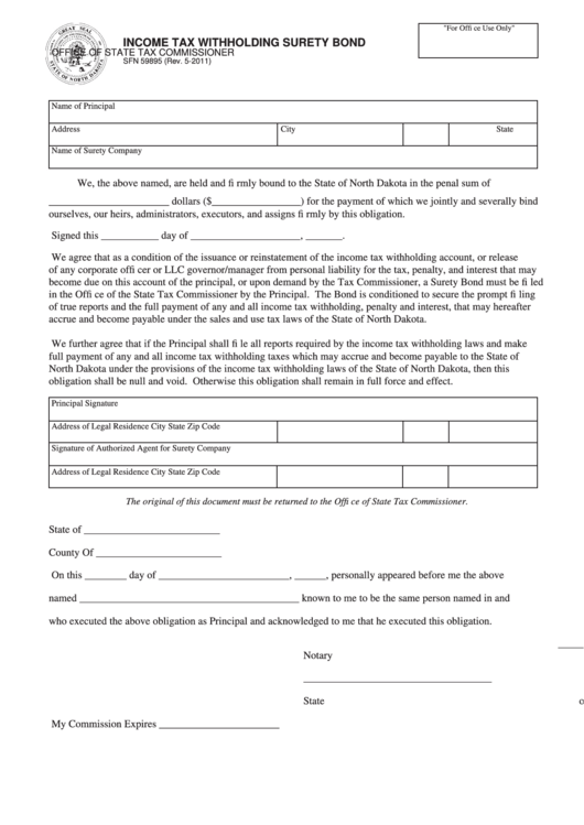 Fillable Form Sfn 59895 - Income Tax Withholding Surety Bond Printable pdf