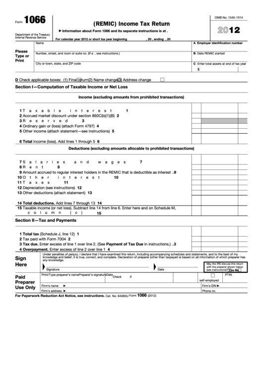 Fillable Form 1066 - U.s. Real Estate Mortgage Investment Conduit (Remic) Income Tax Return - 2012 Printable pdf