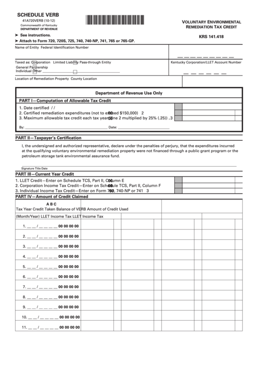 Schedule Verb - Voluntary Environmental Remediation Tax Credit Printable pdf