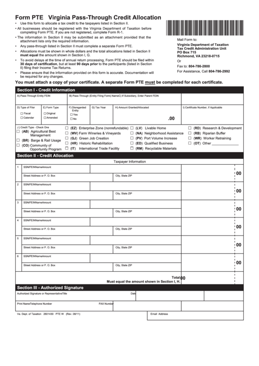 Form Pte - Virginia Pass-Through Credit Allocation Printable pdf