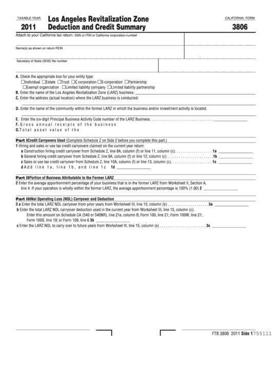 Fillable Form 3806 - Los Angeles Revitalization Zone Deduction And Credit Summary - 2011 Printable pdf