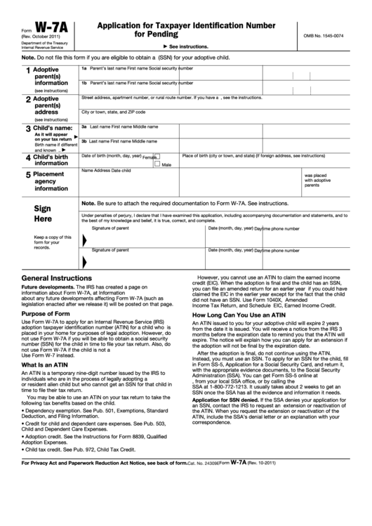 Fillable Form W-7a - Application For Taxpayer Identification Number For Pending U.s. Adoptions Printable pdf