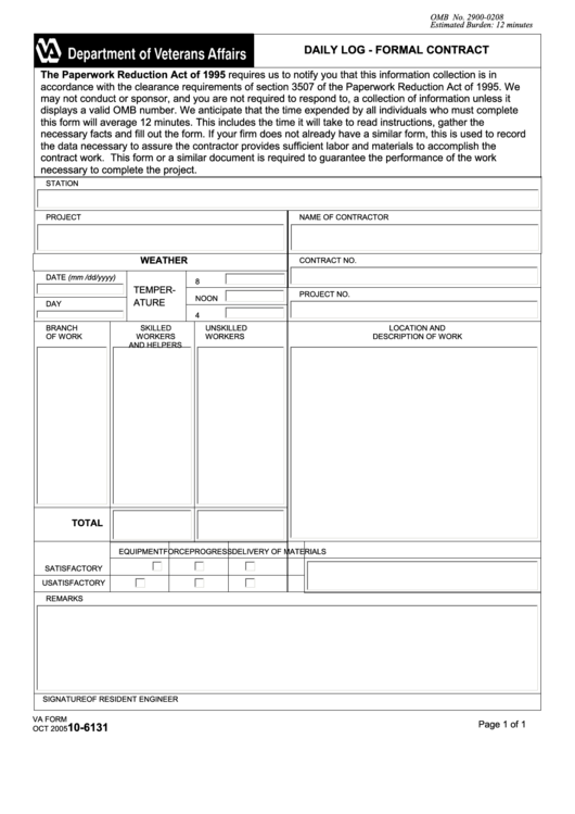 Fillable Form 10-6131 - Department Of Veterans Affairs - Daily Log - Formal Contract Printable pdf