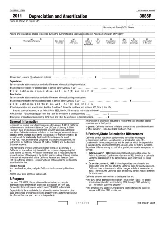 Fillable Form 3885p - Depreciation And Amortization - 2011 Printable pdf
