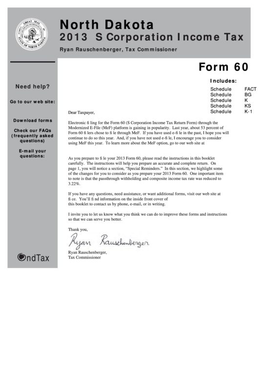 Form 60 - S Corporation Income Tax Return - 2013 Printable pdf