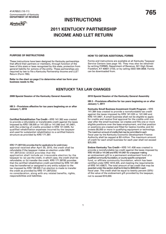 Form 41a765(I) - Kentucky Partnership Income And Llet Return Instructions - 2011 Printable pdf