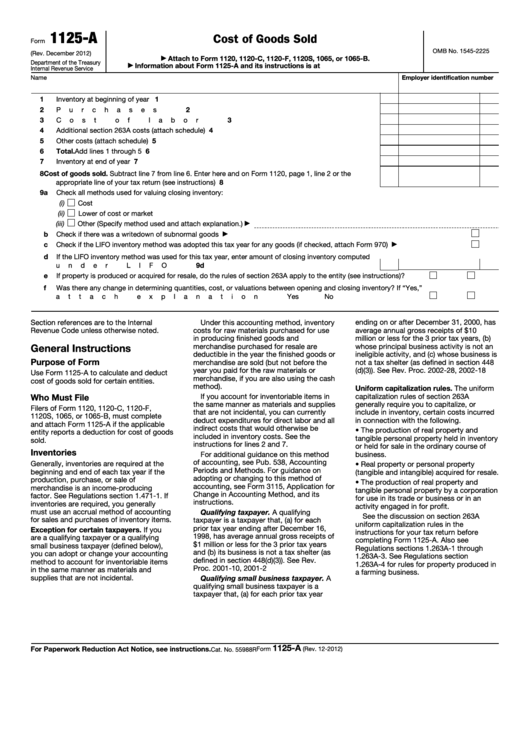Fillable Form 1125-A - Cost Of Goods Sold Printable pdf
