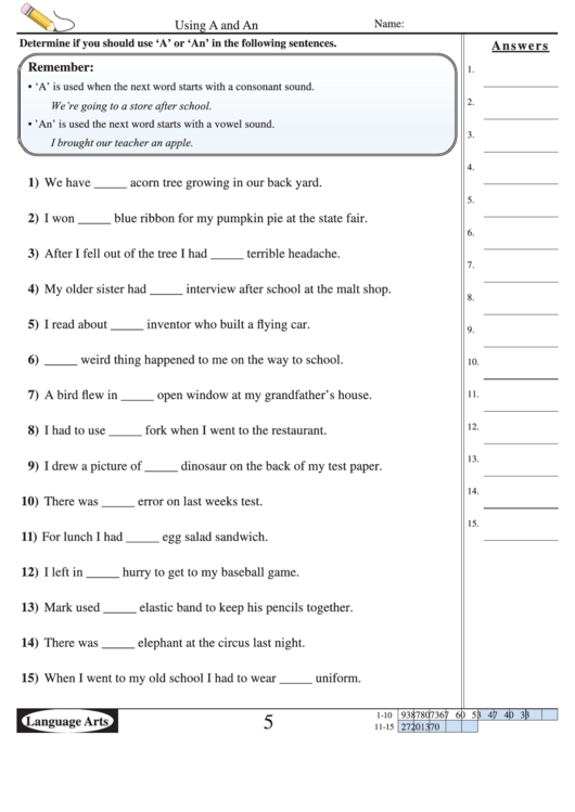 Using A And An - English Work Sheets With Answers Printable pdf