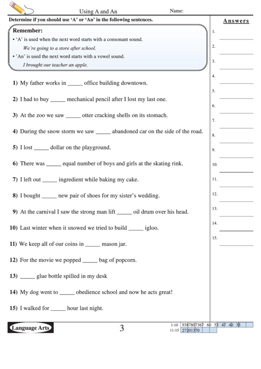 Using A And An - English Work Sheets With Answers Printable pdf