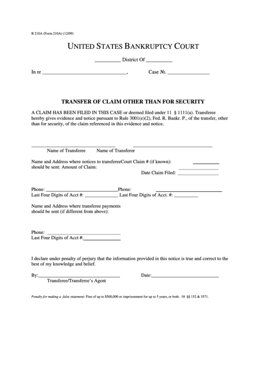 Fillable Form 210a - Transfer Of Claim Other Than For Security Printable pdf