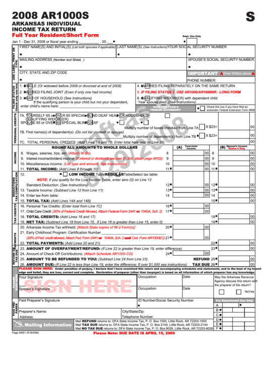 Fillable Form Ar1000s Draft - Arkansas Individual Income Tax Return - 2008 Printable pdf