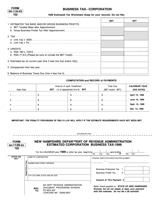Fillable Form Nh-1120-Es 702 - Business Tax - Corporation Estimated Tax Worksheet - 1999 Printable pdf