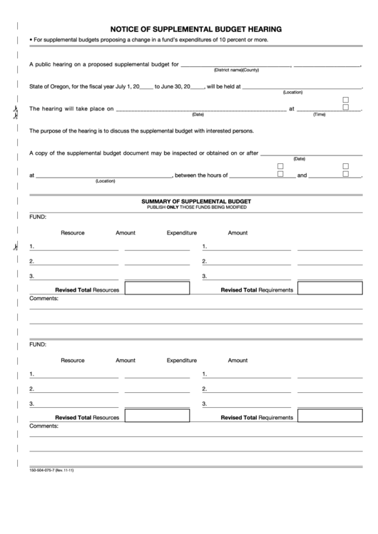 Fillable Form 150-504-075-7 - Notice Of Supplemental Budget Hearing Printable pdf