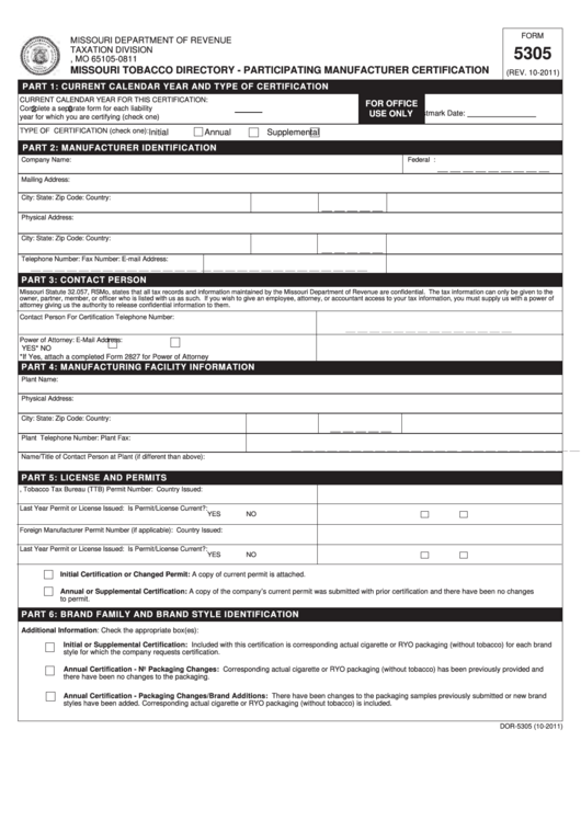 Fillable Form 5305 - Missouri Tobacco Directory - Participating Manufacturer Certification Printable pdf