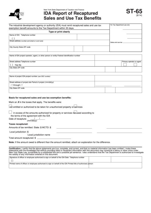 Fillable Form St-65 - Ida Report Of Recaptured Sales And Use Tax Benefits Printable pdf