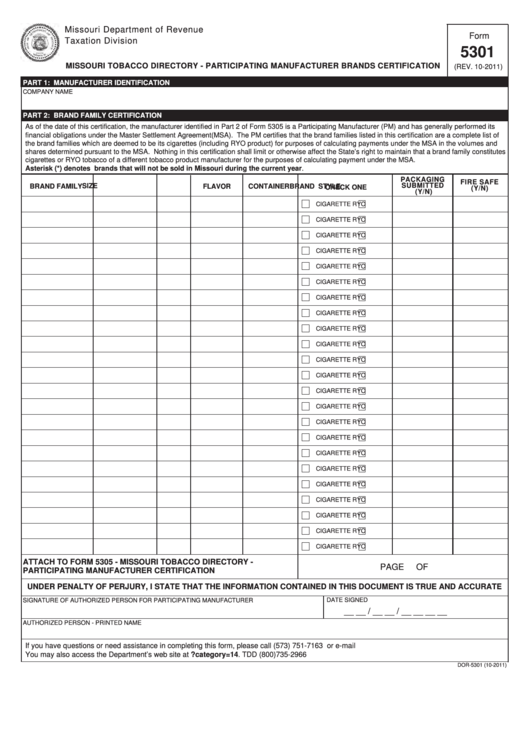 Fillable Form 5301 - Missouri Tobacco Directory - Participating Manufacturer Brands Certification Printable pdf