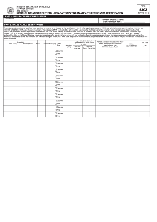 Fillable Form 5303 - Missouri Tobacco Directory - Non-Participating Manufacturer Brands Certification Printable pdf