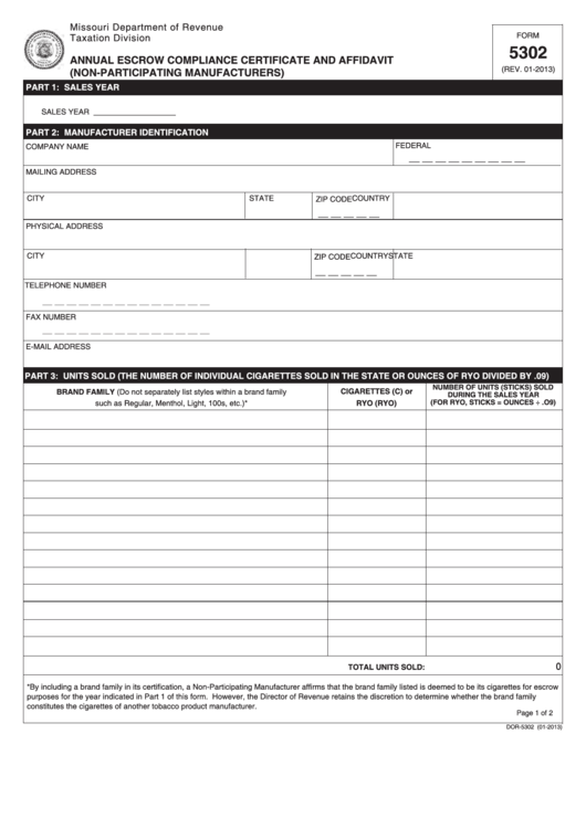 Fillable Form 5302 - Annual Escrow Compliance Certificate And Affidavit (Non-Participating Manufacturers) Printable pdf