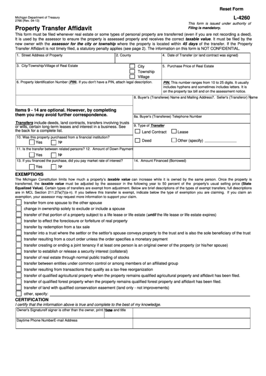 Fillable Form 2766 - Property Transfer Affidavit Printable pdf