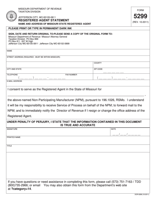 Fillable Form 5299 - Registered Agent Statement Printable pdf