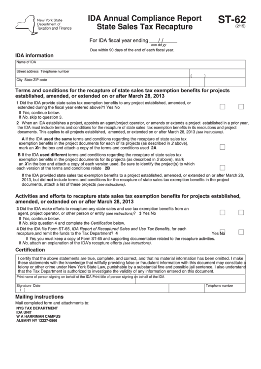 Fillable Form St-62 - Annual Compliance Report Sales Tax Recapture Printable pdf