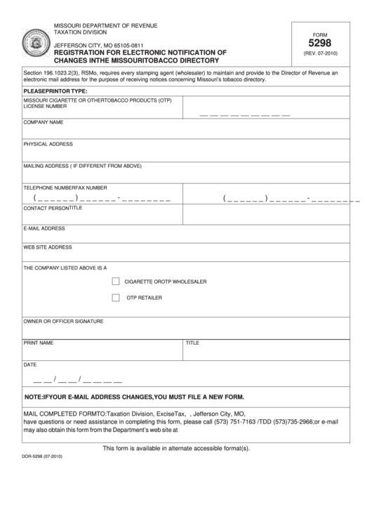 Fillable Form 5298 - Registration For Electronic Notification Of Changes In The Missouri Tobacco Directory Printable pdf