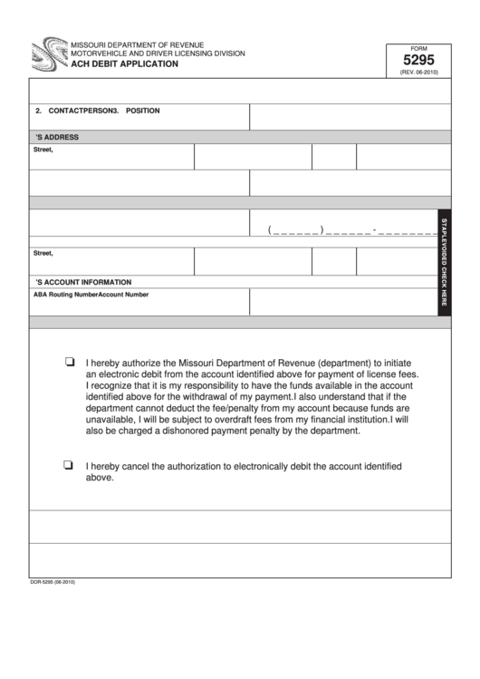 Fillable Form 5295 - Ach Debit Application Printable pdf