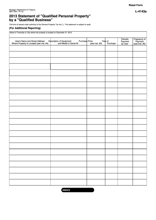 Fillable Form 2807 - Statement Of "Qualified Personal Property" By A "Qualified Business" Printable pdf