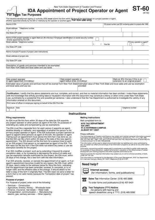 Fillable Form St-60 - Ida Appointment Of Project Operator Or Agent Printable pdf