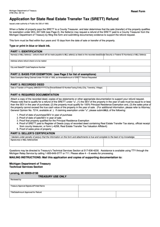Fillable Form 2796 - Application For State Real Estate Transfer Tax (Srett) Refund Printable pdf