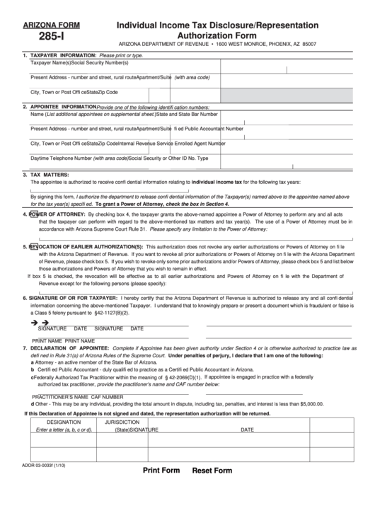 Fillable Arizona Form 285-I - Individual Income Tax Disclosure/representation Authorization Form Printable pdf