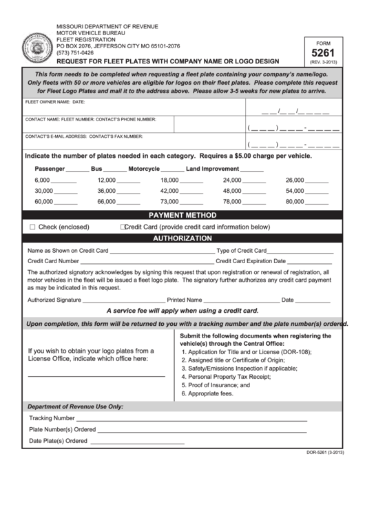 Fillable Form 5261 - Request For Fleet Plates With Company Name Or Logo Design Printable pdf