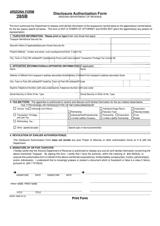 Fillable Arizona Form 285b - Disclosure Authorization Form Printable pdf