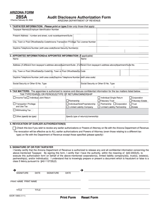 Fillable Arizona Form 285a - Audit Disclosure Authorization Form Printable pdf