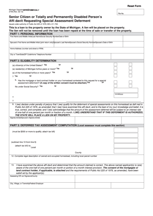 Fillable Form 2748 - Senior Citizen Or Totally And Permanently Disabled Person