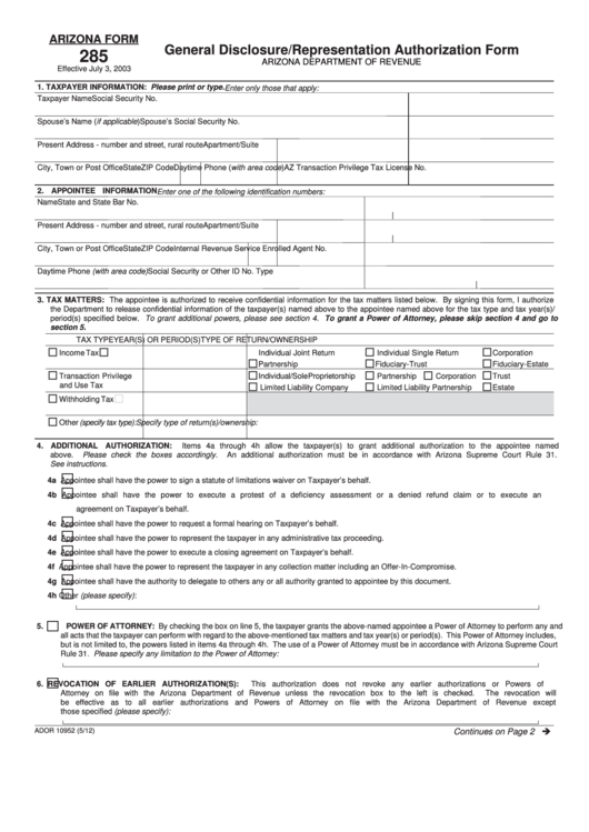 Fillable Arizona Form 285 - General Disclosure/representation Authorization Form Printable pdf