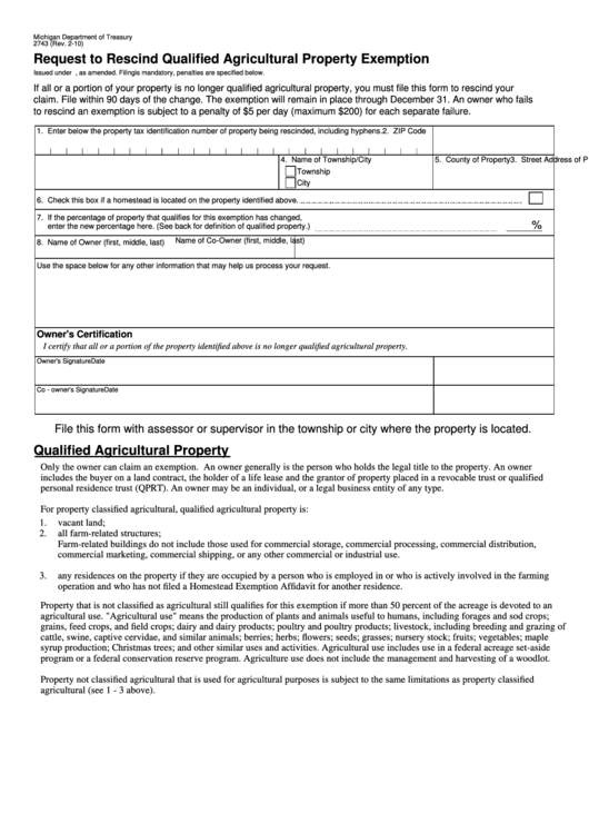Form 2743 - Request To Rescind Qualified Agricultural Property Exemption Printable pdf