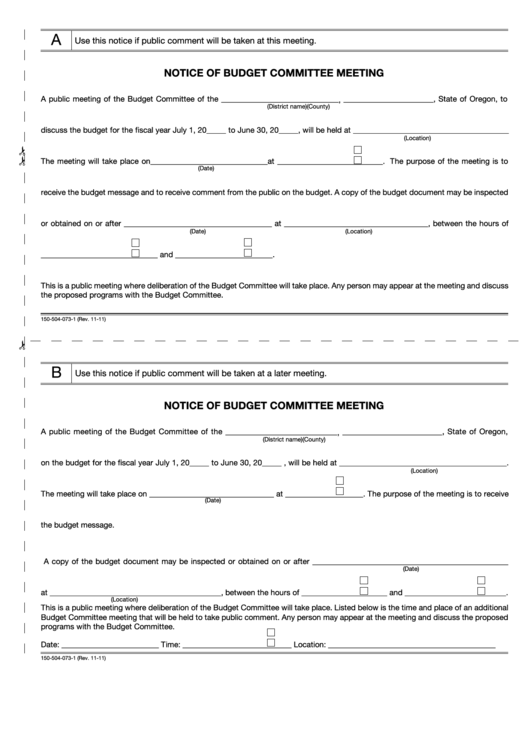 Fillable Form 150-504-073-1 - Notice Of Budget Committee Meeting Printable pdf