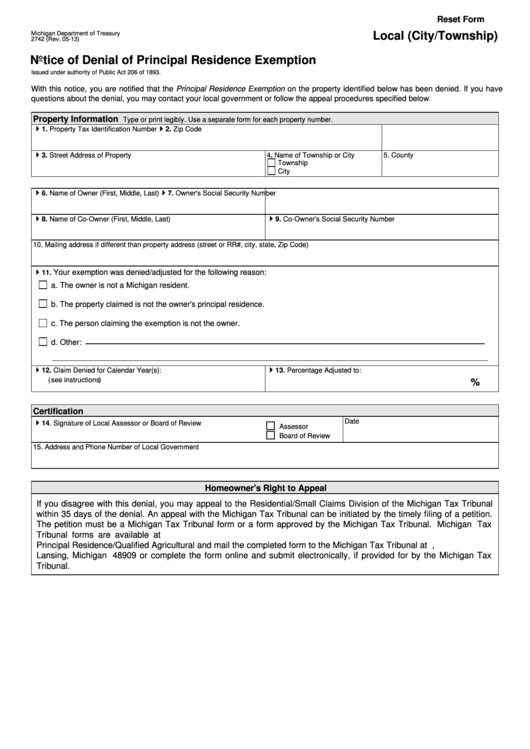 Fillable Form 2742 - Notice Of Denial Of Principal Residence Exemption Printable pdf