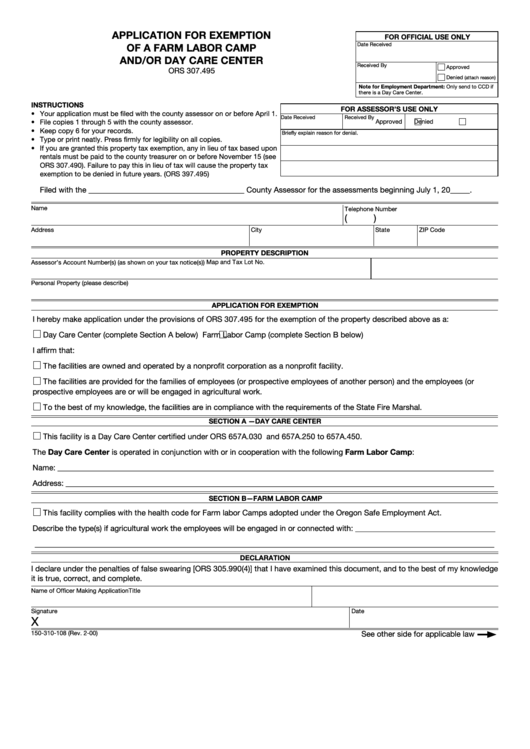Form 150-310-108 - Application For Exemption Of A Farm Labor Camp And/or Care Center Printable pdf